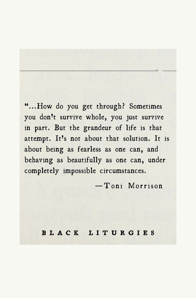 Quote from Tony Morrison - How do you get through?  Sometimes you don't survive whole, you just survive in part.  But the grandeur of life is that attempt.  It's not about the solution.  it is about being as fearless as one can under completely impossible circumstances.