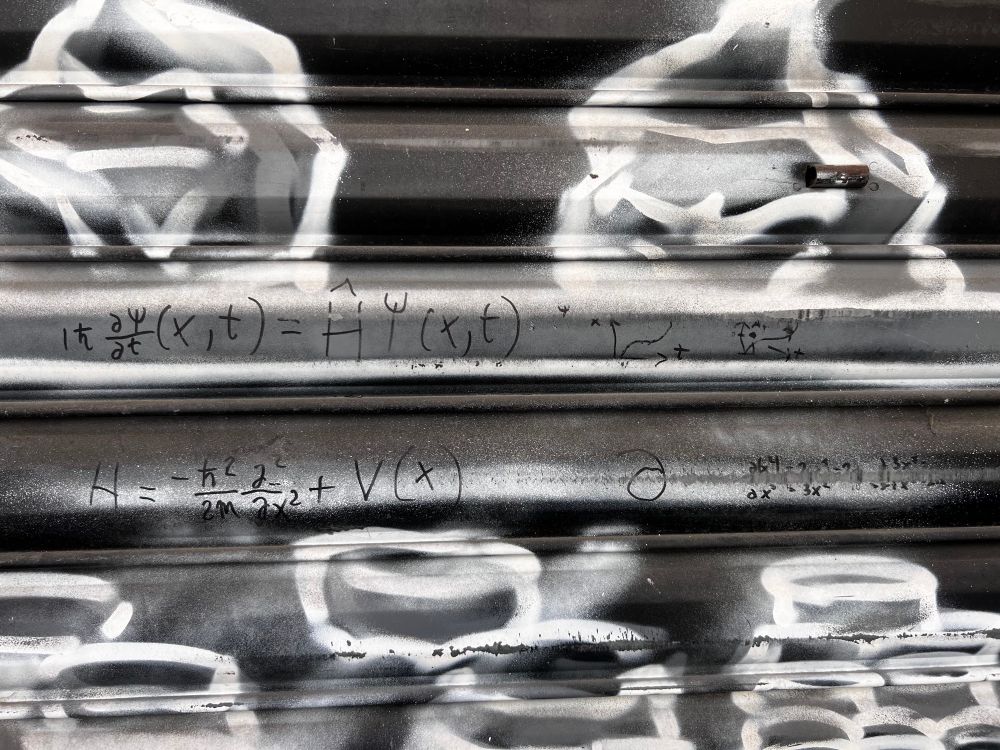 A grey shutter, covered in white grafitti. In the middle someone has scrawled both the time-dependent and time-independent Schrödinger equations, as well as some other maths, in sharpie 