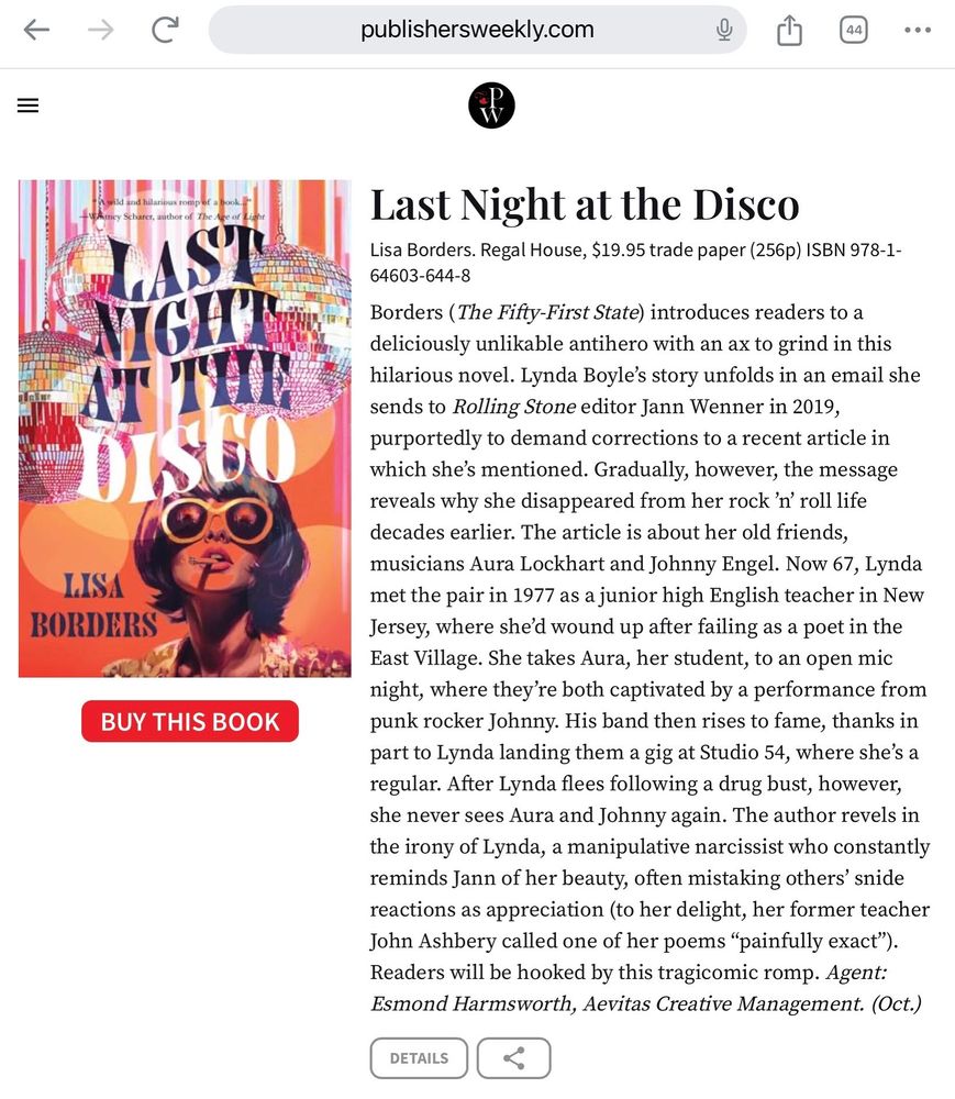 Colorful orange, red and pink cover, with disco balls in the background and a woman in a shag haircut foreground, of novel Last Night at the Disco. Review (accessible online) is next to the image. 