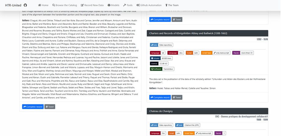 Screenshot of HTR-United's catalog page where we can see several cards describing datasets.