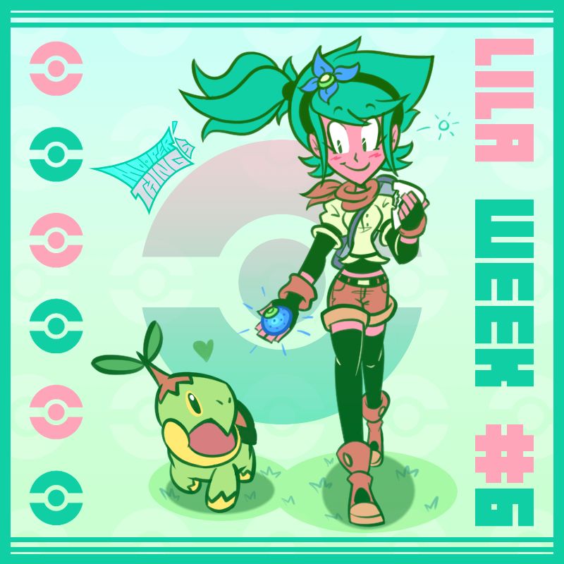 My oc Lila as a grass-type pokemon trainer, offering a nice little oran berry to her Turtwig companion.