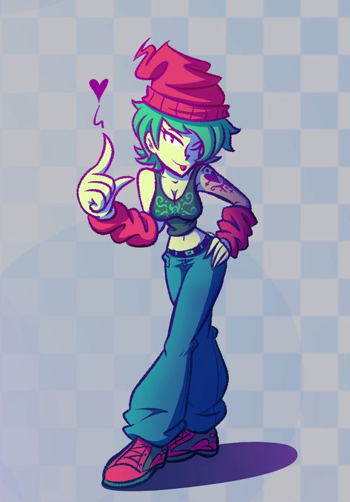 Drawing of a lady in some street wear doing a cute pose. 