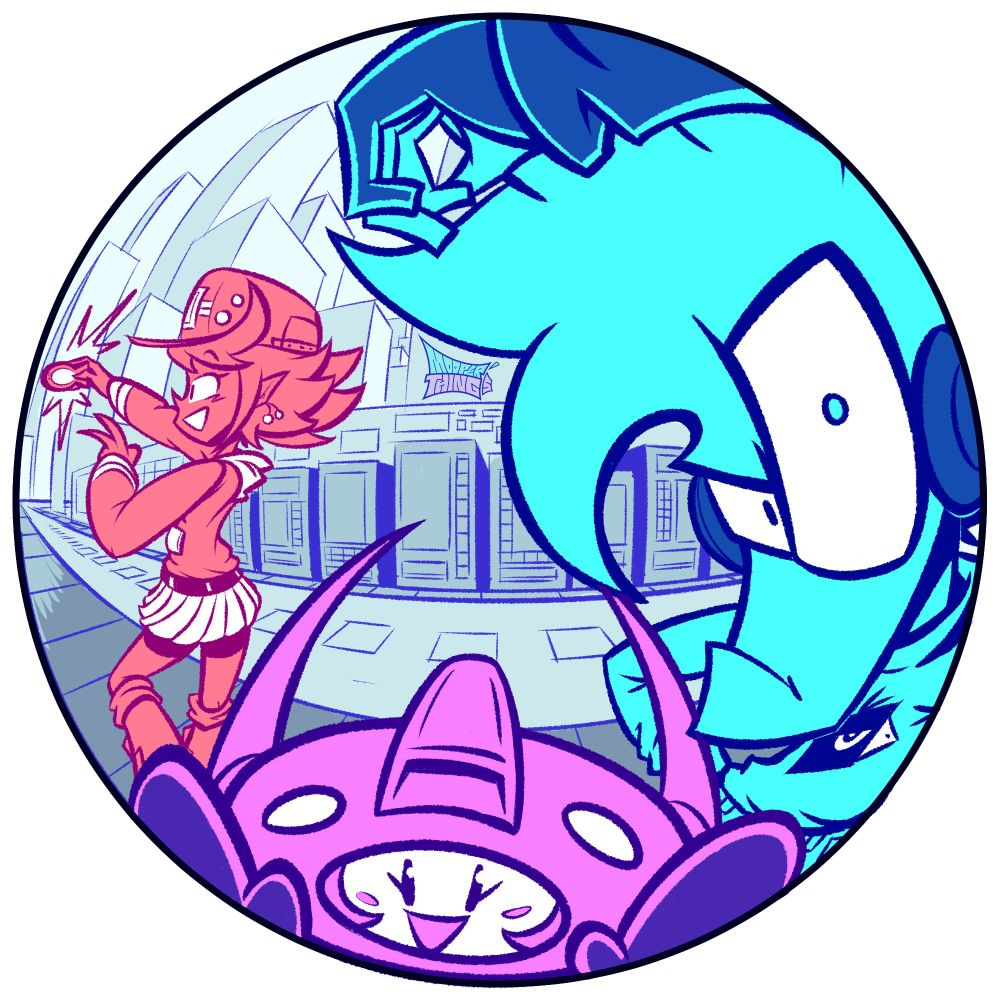 Fish eye lens perspective drawing of my characters leaning up against a vending machine outside while one of them takes a photo. 