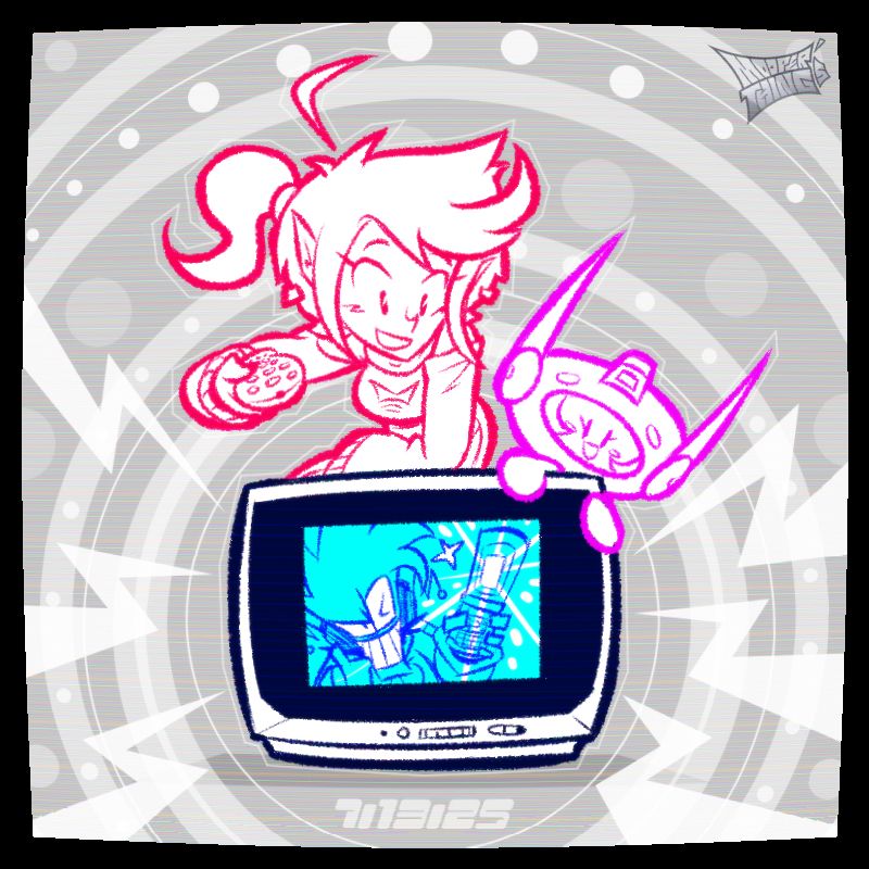 Character doodles of Zaydi and Famba hanging around a TV with Mooper starring in some peculiar phone commercial, all against an abstract background.