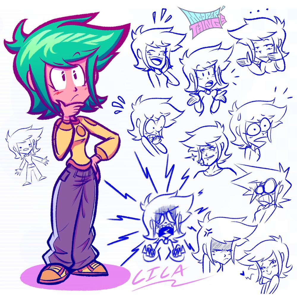 Large colored drawing of Lila on the left, followed by smaller doodles of her different facial expressions.