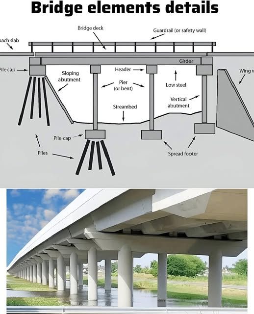 Schéma et photo d'un pont, montrant des éléments comme la dalle, le tablier, les piles, les culées et les appuis.