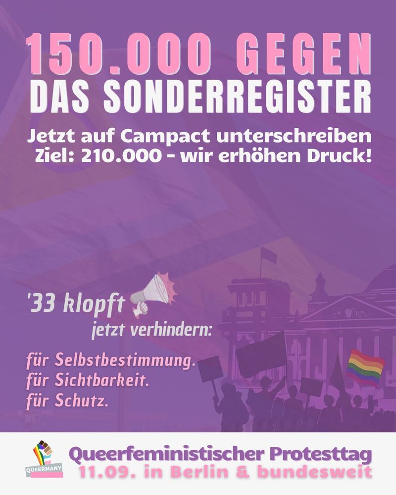 150.000 GEGEN DAS SONDERREGISTER

Jetzt auf Campact unterschreiben
Ziel: 210.000 – wir erhöhen Druck!

'33 klopft
 jetzt verhindern:

für Selbstbestimmung.
für Sichtbarkeit.
für Schutz.

Queerfeministischer Protesttag
11.09. in Berlin & bundesweit