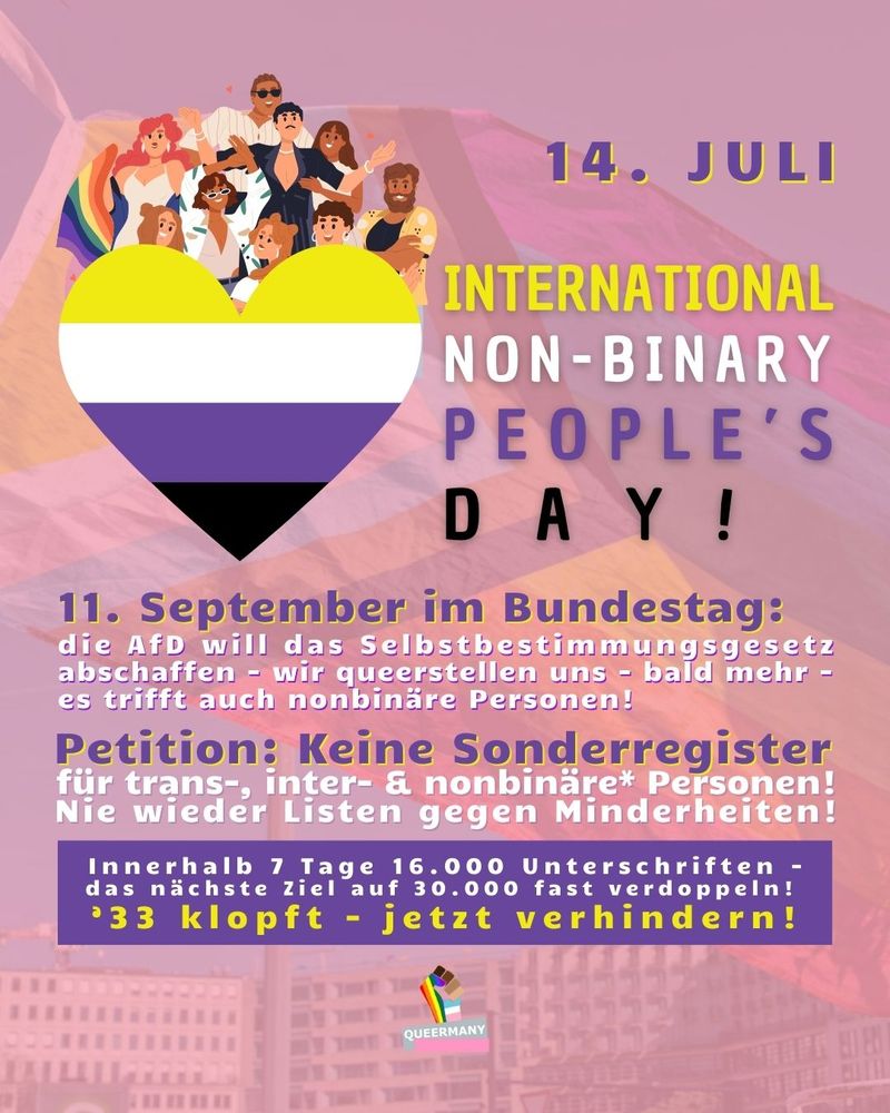 14. Juli

INTERNATIONAL
NON-BINARY
People’S
DAY!
INTERNATIONAL
NON-BINARY
People’S
DAY!

11. September im Bundestag:
die AfD will das Selbstbestimmungsgesetz
abschaffen - wir queerstellen uns - bald mehr -
es trifft auch nonbinäre Personen!

Petition: Keine Sonderregister
für trans-, inter- & nonbinäre* Personen!
Nie wieder Listen gegen Minderheiten!

Innerhalb 7 Tage 16.000 Unterschriften -
das nächste Ziel auf 30.000 fast verdoppeln! 
’33 klopft – jetzt verhindern!