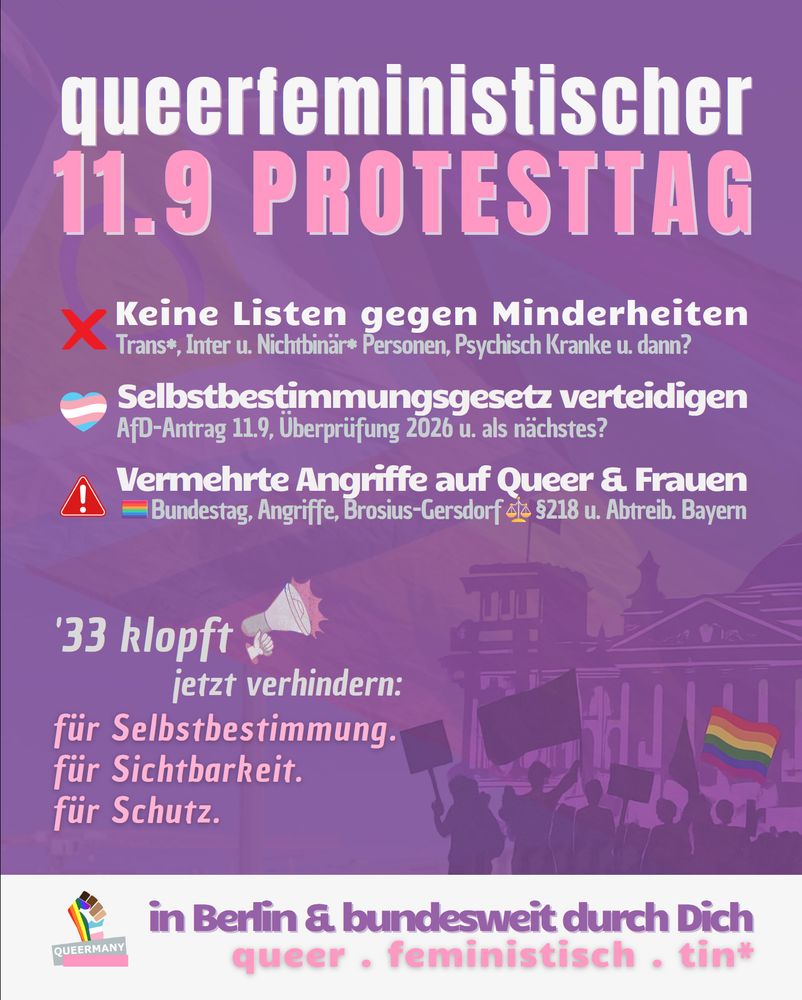 queerfeministischer
11.9 PROTESTTAG

Keine Listen gegen Minderheiten:
Trans*, Inter u. Nichtbinär* Personen, Psychisch Kranke u. dann?

Selbstbestimmungsgesetz verteidigen
AfD-Antrag 11.9, Überprüfung 2026 u. als nächstes?

Vermehrte Angriffe auf Queer & Frauen
🏳️‍🌈Bundestag, Angriffe, Brosius-Gersdorf⚖️§218 u. Abtreib. Bayern

'33 klopft
 jetzt verhindern:
für Selbstbestimmung.
für Sichtbarkeit.
für Schutz.

in Berlin & bundesweit durch Dich
queer . feministisch . tin*