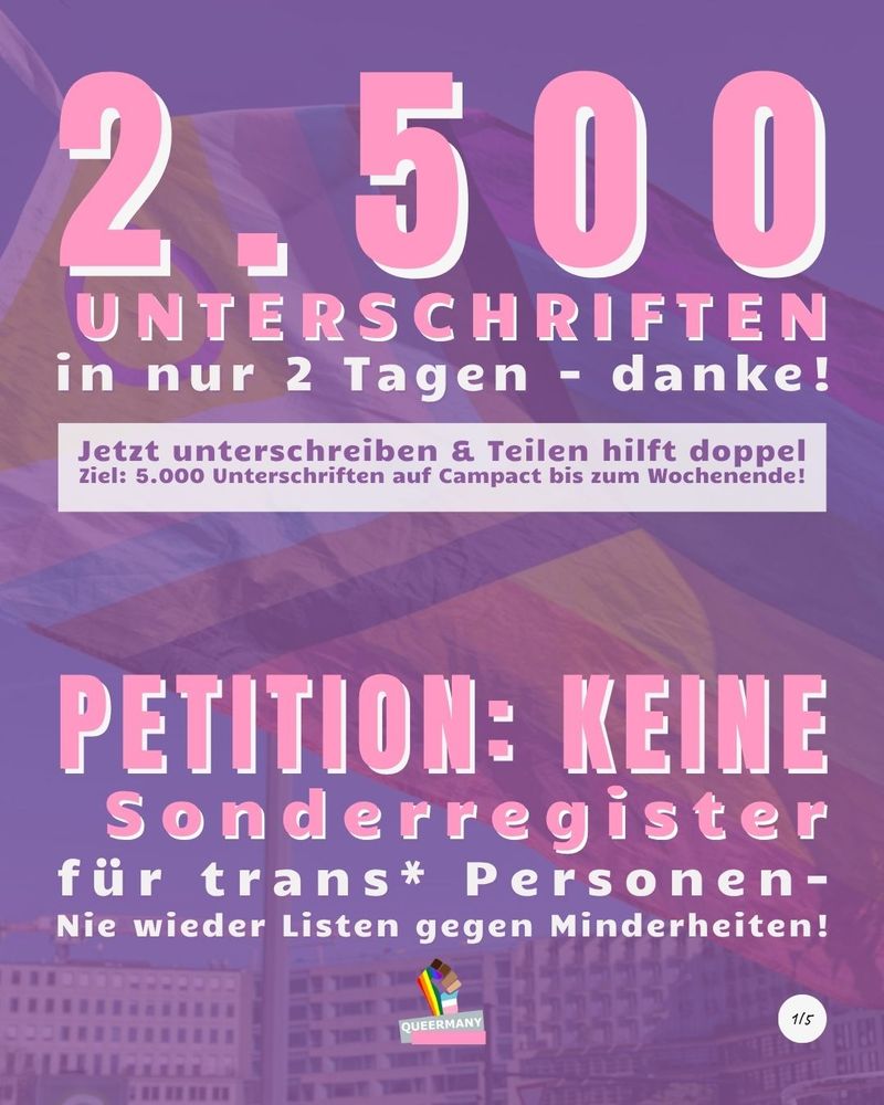 2.500 Unterschriften in nur 2 Tagen - danke!

Petition: Keine Sonderregister für trans* Personen - Nie wieder Listen gegen Minderheiten!