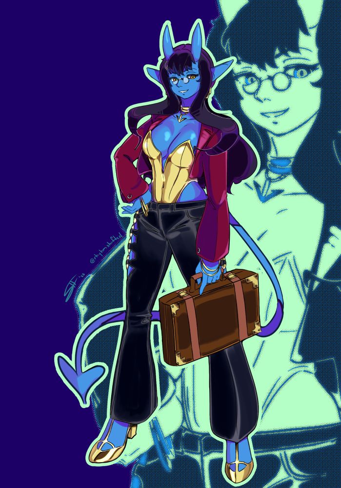 Another business succbi, Estelle. She's more of the straight (wo)man to her co-workers. She's hotheaded and competitive but still shows kindness in her own way. She holds a magical briefcase that retains info on her clients.