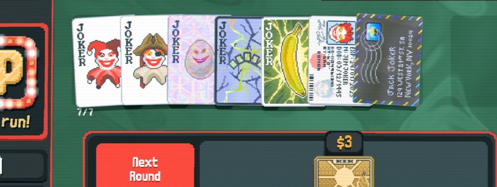 Balatro Joker slots, consisting of Even Steven, Swashbuckler, Holographic Egg, Negative The Tribe, Cavendish, Drivers License, and Negative Postcard.

As an explanation, these cards together make the numbers go big.