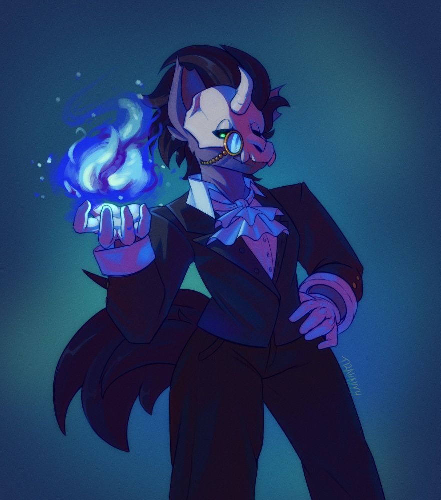 A drawing of a pony OC that belongs to @Junupbox holding a ball of blue flames standing confidently and staring at the camera 