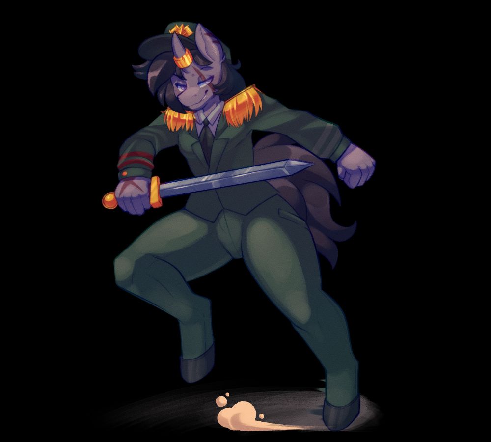 Dire strikes a cool pose with his sword drawn out. He's dressed on a military outfit
