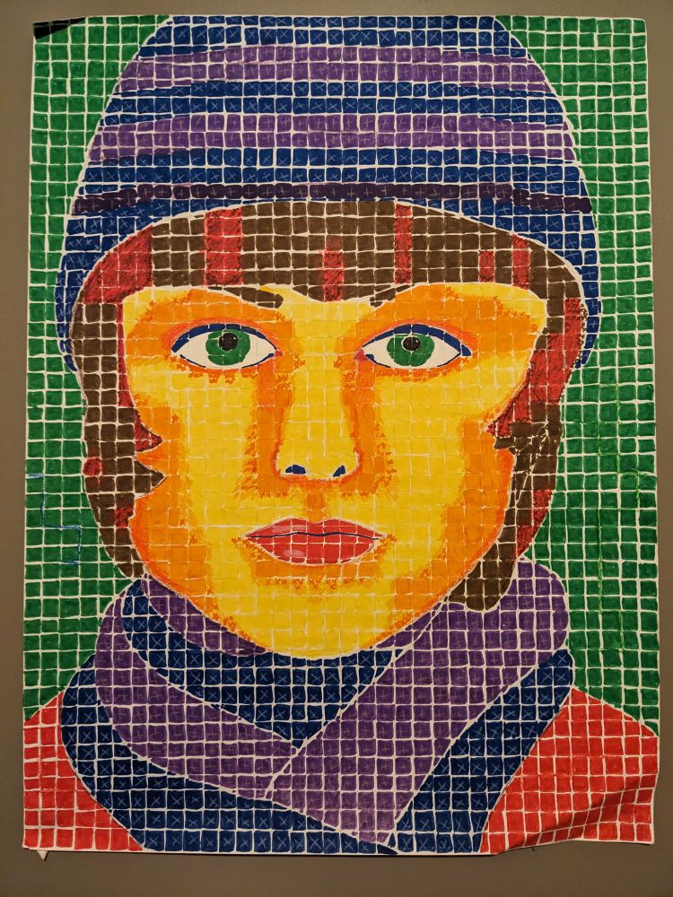 Women wearing a hat. Marker and colored pencils. Grid style.
