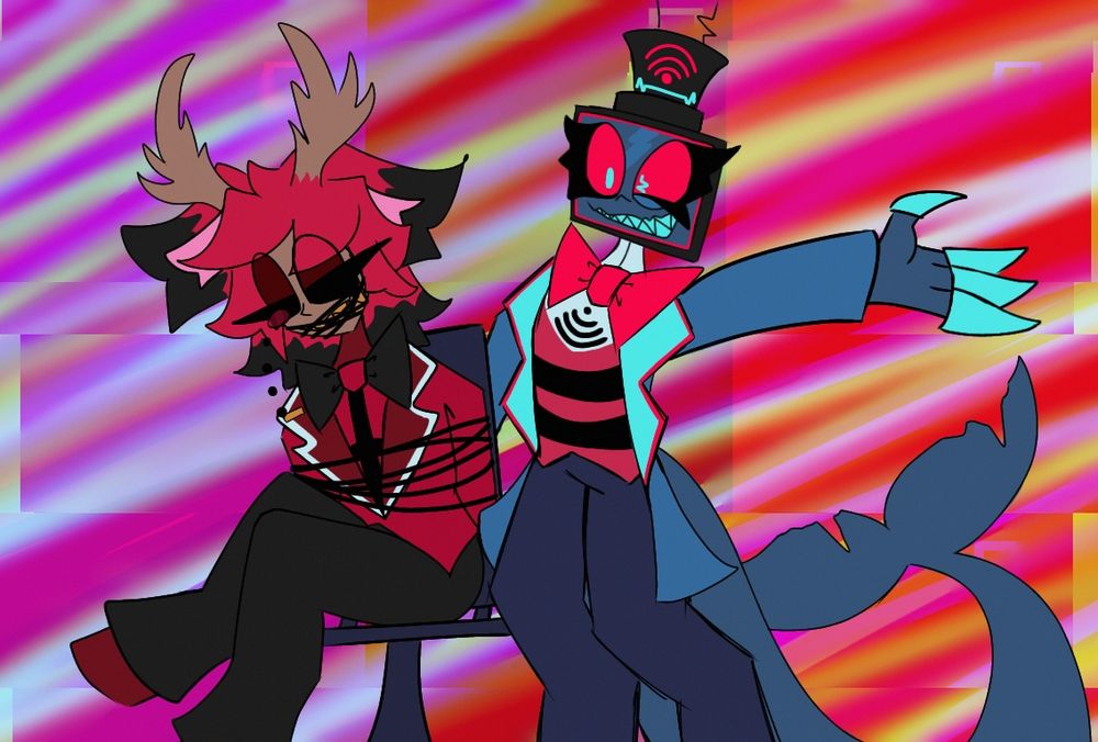 A redraw of a scene from hazbin hotels don't you forget reprise with my  redesigns of Vox and Alastor