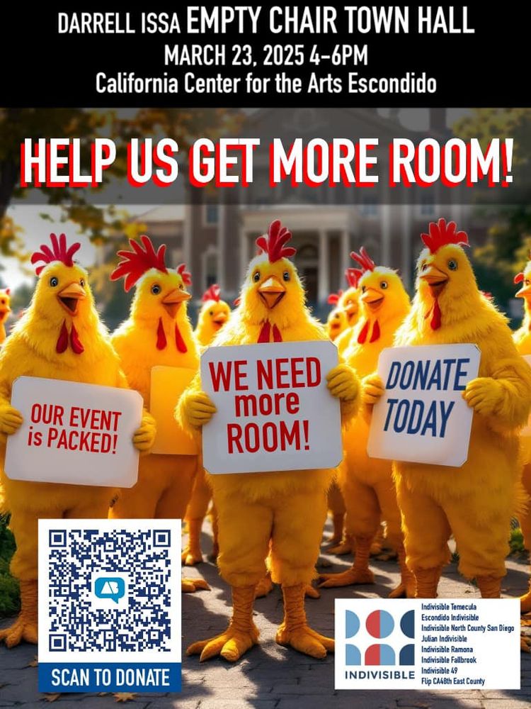 Image of a bunch of people dressed in full chicken costumes holding up signs saying that our event is full, and we need more room. Looking for donations to help out.