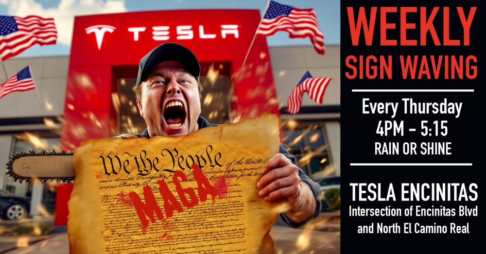 Image of Elon Musk in front of a Tesla dealership. He has a copy of the United States constitution in his hands, with "MAGA" stamped over it in huge red ink.