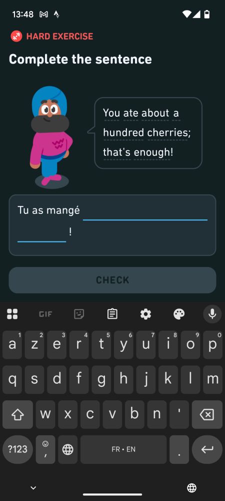 A Duolingo screen with a character saying "You ate about a hundred cherries; that's enough!"