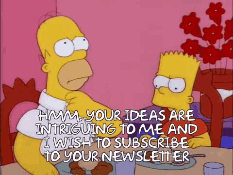Homer and Bart sitting at a table. Homer says “Hmm your ideas are intriguing and I wish to subscribe to your newsletter”