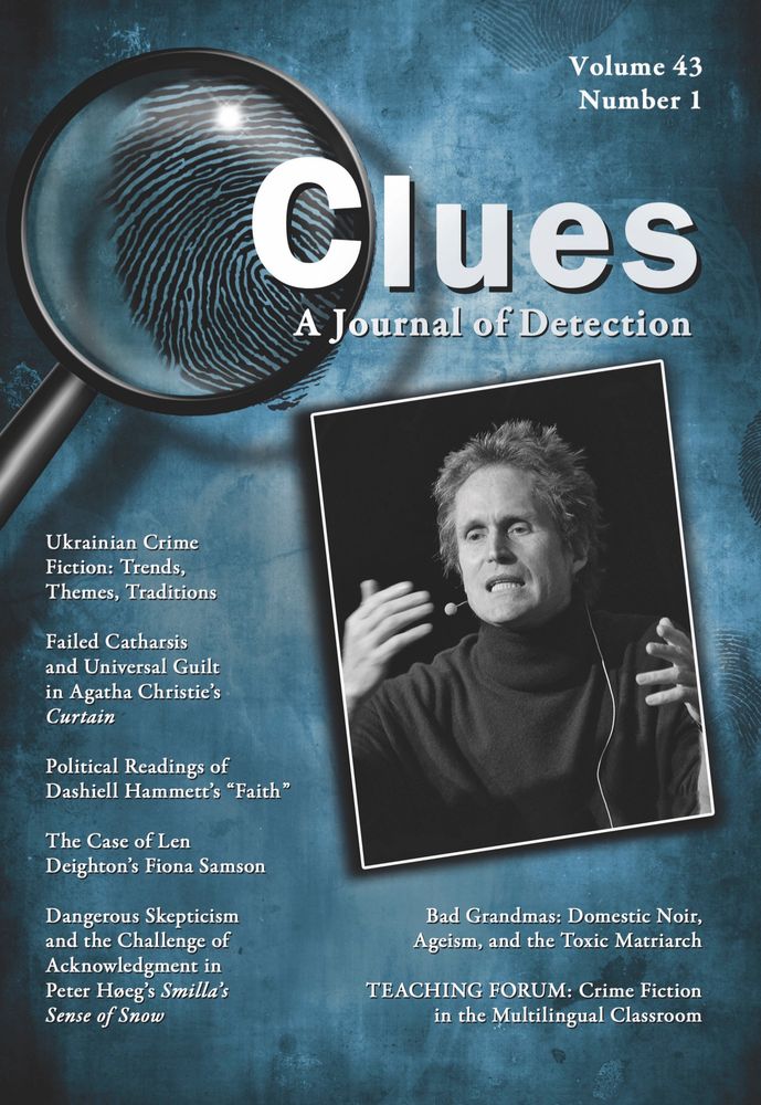 Cover of Clues vol. 43, no. 1 (2025) with image of author Peter Hoeg wearing a dark turtleneck and gesturing. 