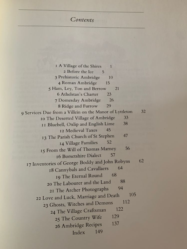 Contents page of Ambridge, a village through the ages. By Jennifer Aldridge and John Tregorran. 