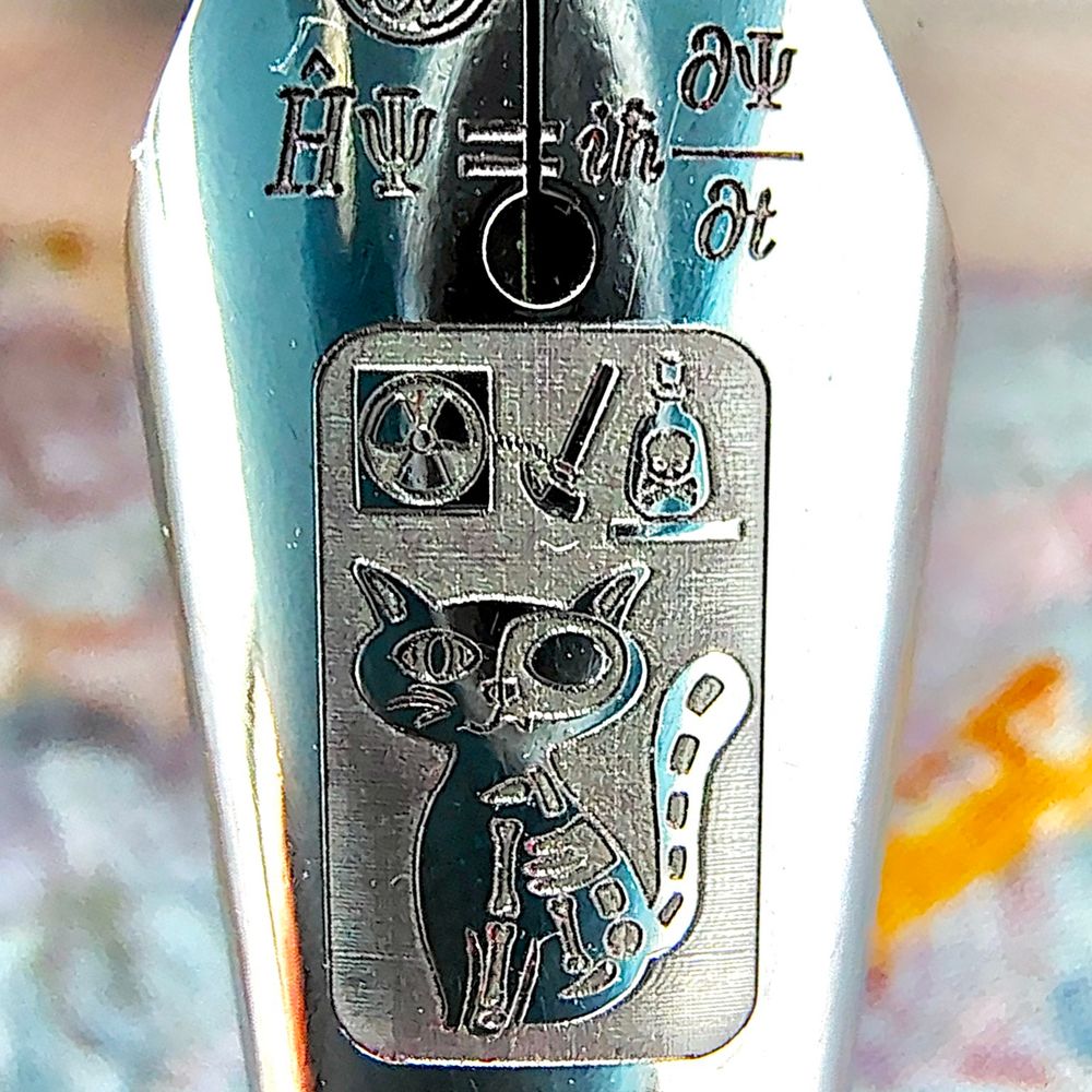 Close-up of a fountain pen nib featuring the equation "HΨ = iħ ∂Ψ/∂t" and an illustration related to the Schrödinger's Cat.