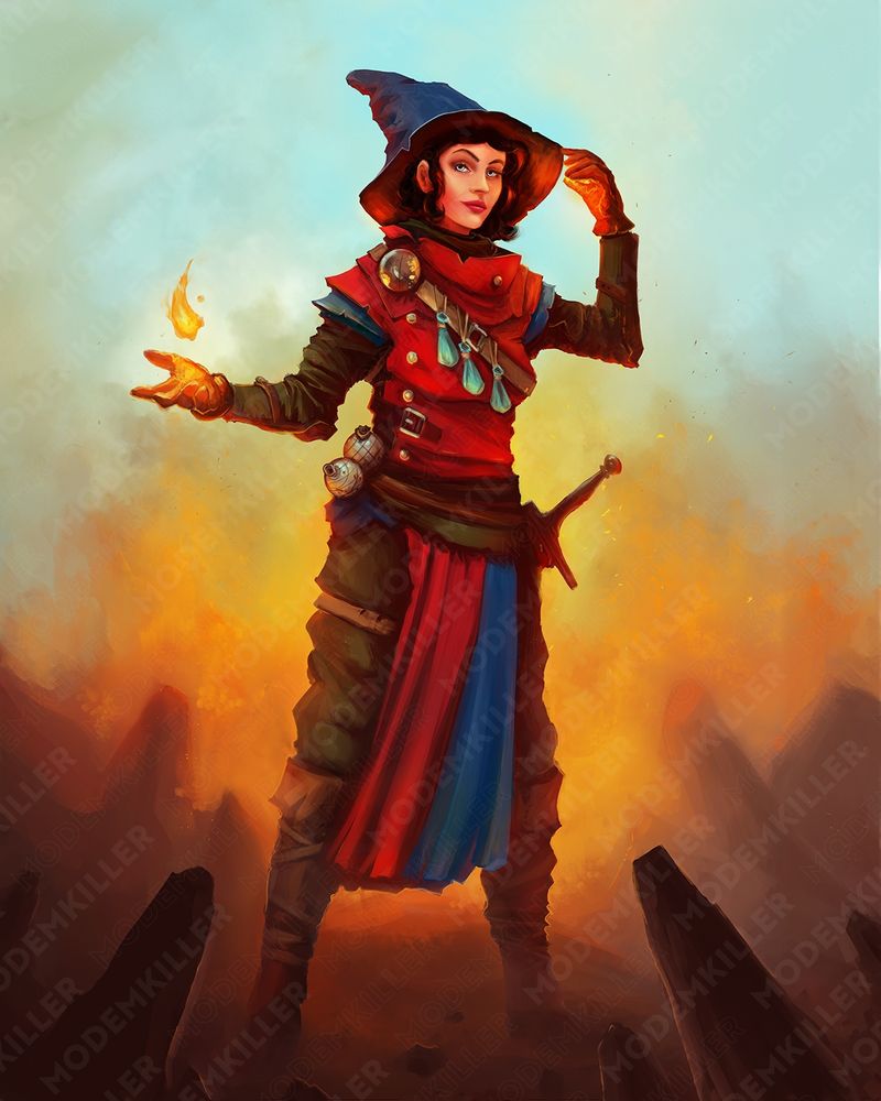 A painting of a wizard sorceress conjuring a flame in her palm, a blazing fire flows behind her as the air turns thick with smoke.