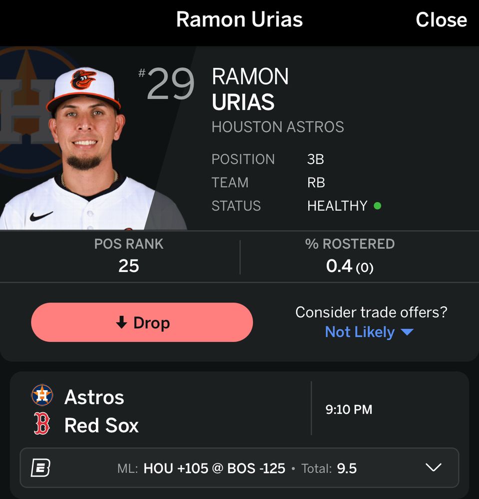 A screenshot from ESPN Fantasy Baseball, showing 3rd baseman Ramón Urías wearing his Baltimore Orioles uniform and baseball cap, against a background depicting the Houston Astros’ logo for whom he now plays post-transfer from the Orioles. 