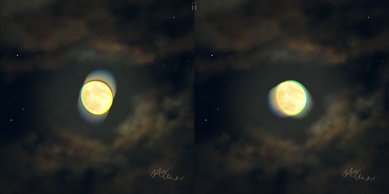 A stereoscopic painting of the moon that depicts the ways the eye struggles to view very bright objects, with smearing effects and shimmering stygian colors around the edges.  Made for parallel-viewing.