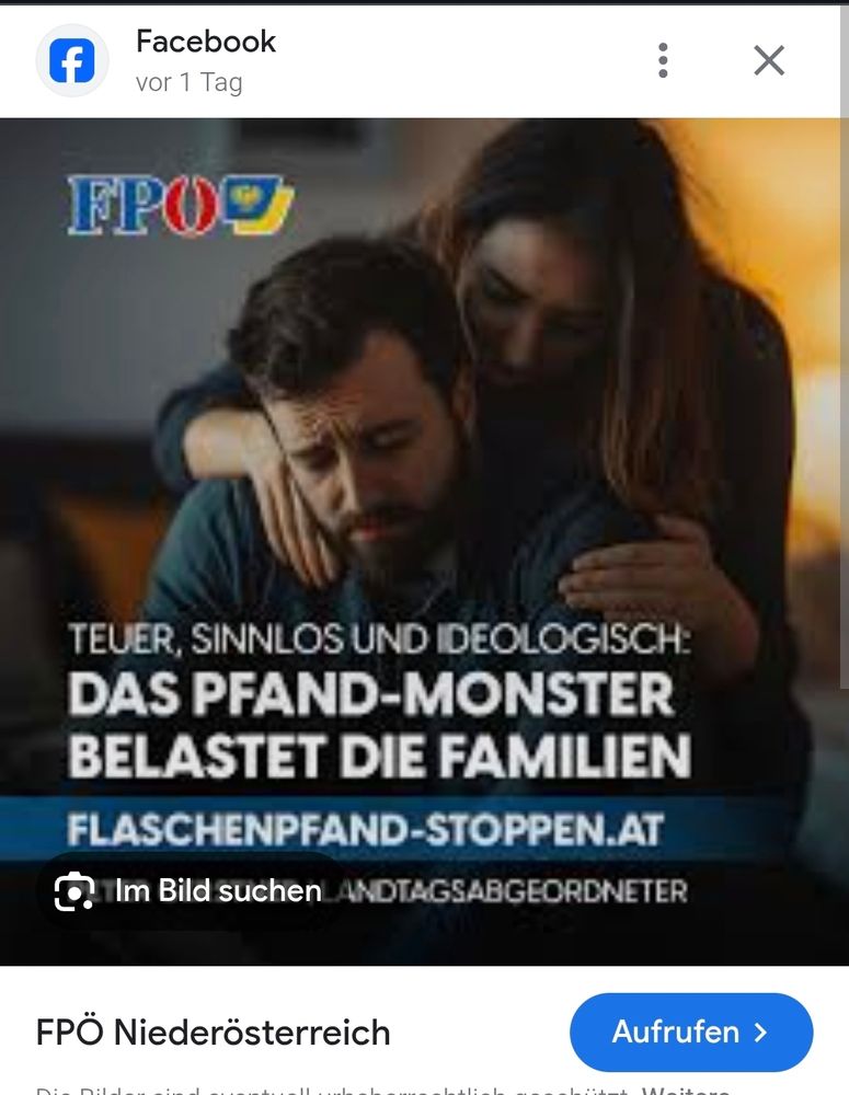 ALT-Text:
Werbeanzeige der FPÖ Niederösterreich mit dem Schriftzug „Teuer, sinnlos und ideologisch: Das Pfand-Monster belastet die Familien – flaschenpfand-stoppen.at“. Im Hintergrund sitzt ein Mann mit ernstem Gesichtsausdruck, während eine Frau von hinten ihre Arme tröstend um seine Schultern legt. Links oben sind die FPÖ-Parteilogos zu sehen.

