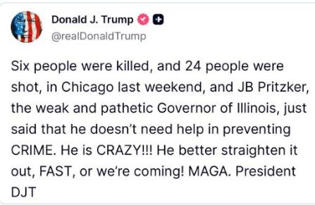 Trump threatening Chicago over gun violence in a tweet