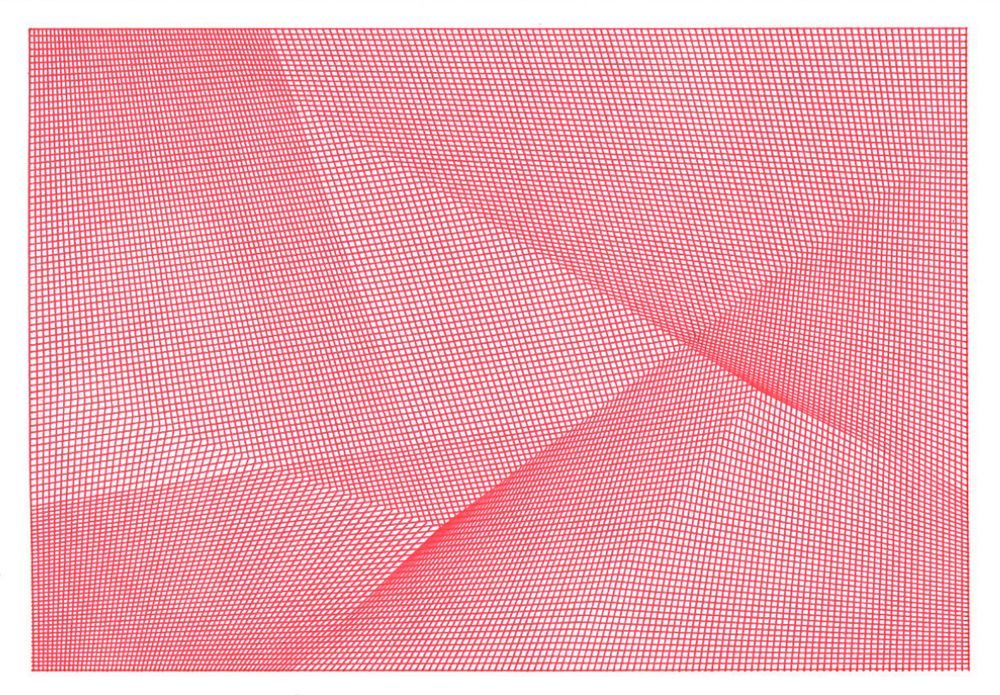 
A plotter art postcard comprising fine red grids.  Different regions are angled in different ways and where the regions abut, an illusion of folding is created.