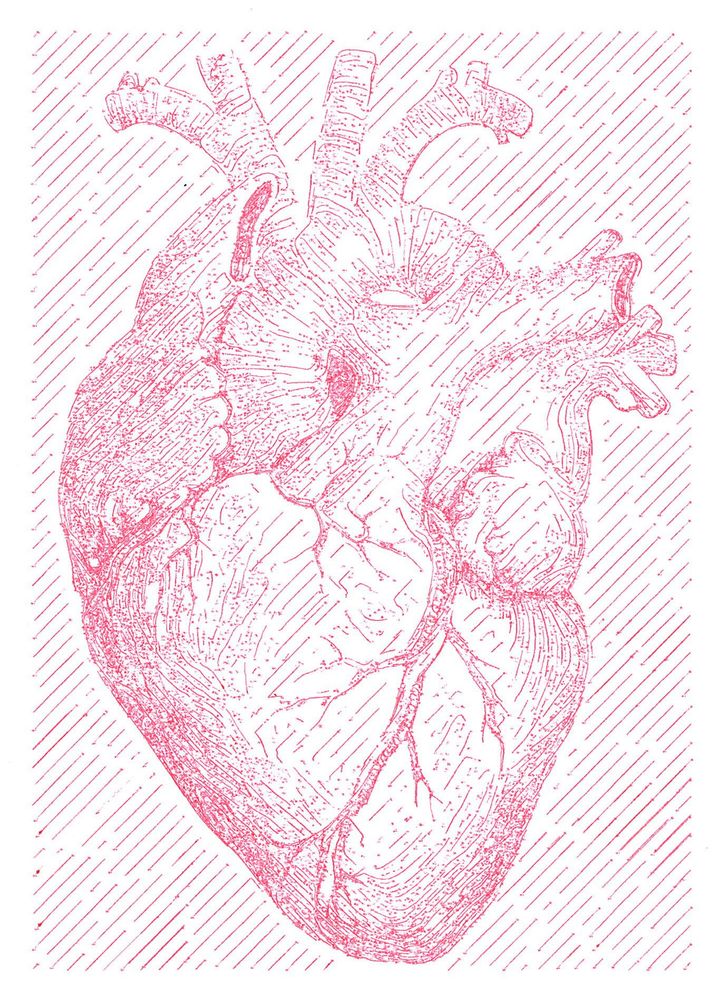 A plotter art image in red ink of an engraved anatomical drawing of a human heart.  This variation has a lightly diagonally hatched background as well as diagonal hatching in light areas. (Source image https://thegraphicsfairy.com/royalty-free-images-anatomical-heart-vintage/)