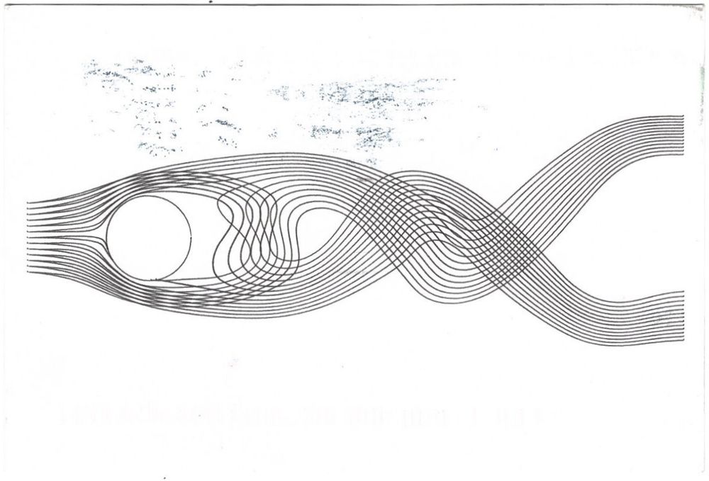 A plotter art postcard showing flow around a cylinder, from left to right.  The flow becomes slightly turbulent after passing the cylinder and the lines cross.  The postal service contributed some smudges.  