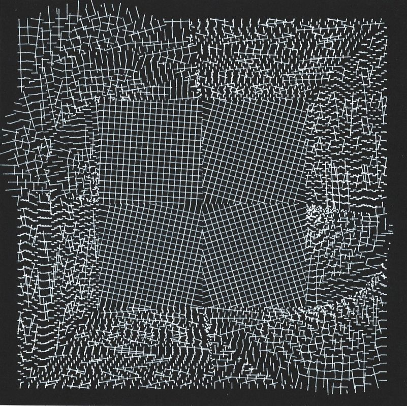 A square plotter art postcard involving white lines on black paper.  The outer arrangements are highly irrgular grid fragments.  In the center there are four sections of regular grid work.  By Julien Gachadoat https://www.v3ga.net