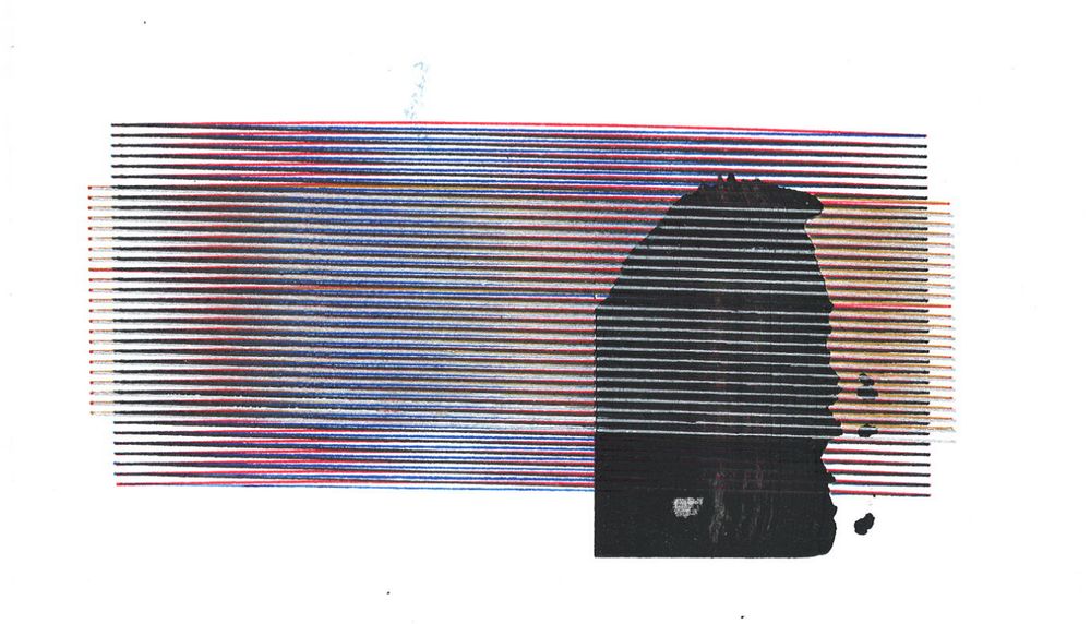 A plotter art postcard of multicolored horizontal lines on white paper partially behind and partially in front of a black shape, which is square on the bottom left and irregular on the upper right.  By @jcammarata.bsky.social