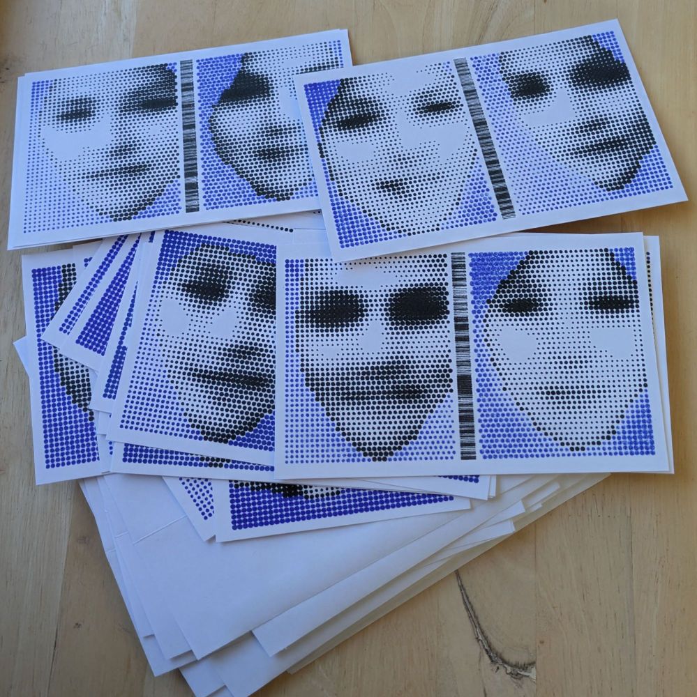 A set of plotted postcards in black and blue, each consisting of two faces rendered in halftone with a barcode between them