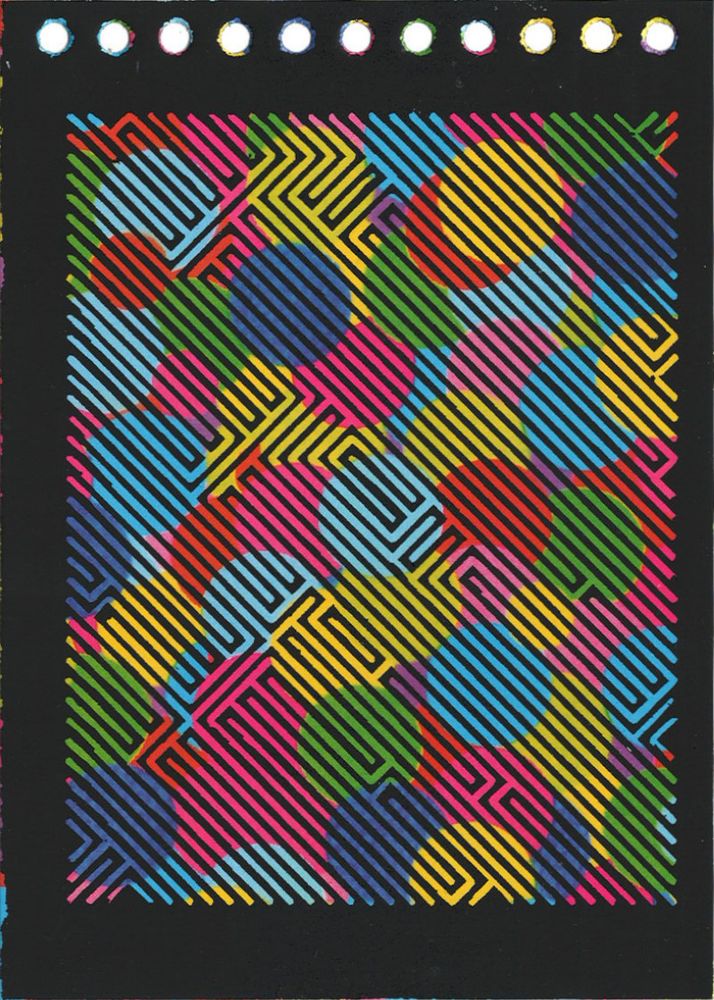 A plotter postcard of multicolored lines on a black background.  There are holes along the  top edge like for a ring binder.  The multicolored lines are made by scratching through a black coating.