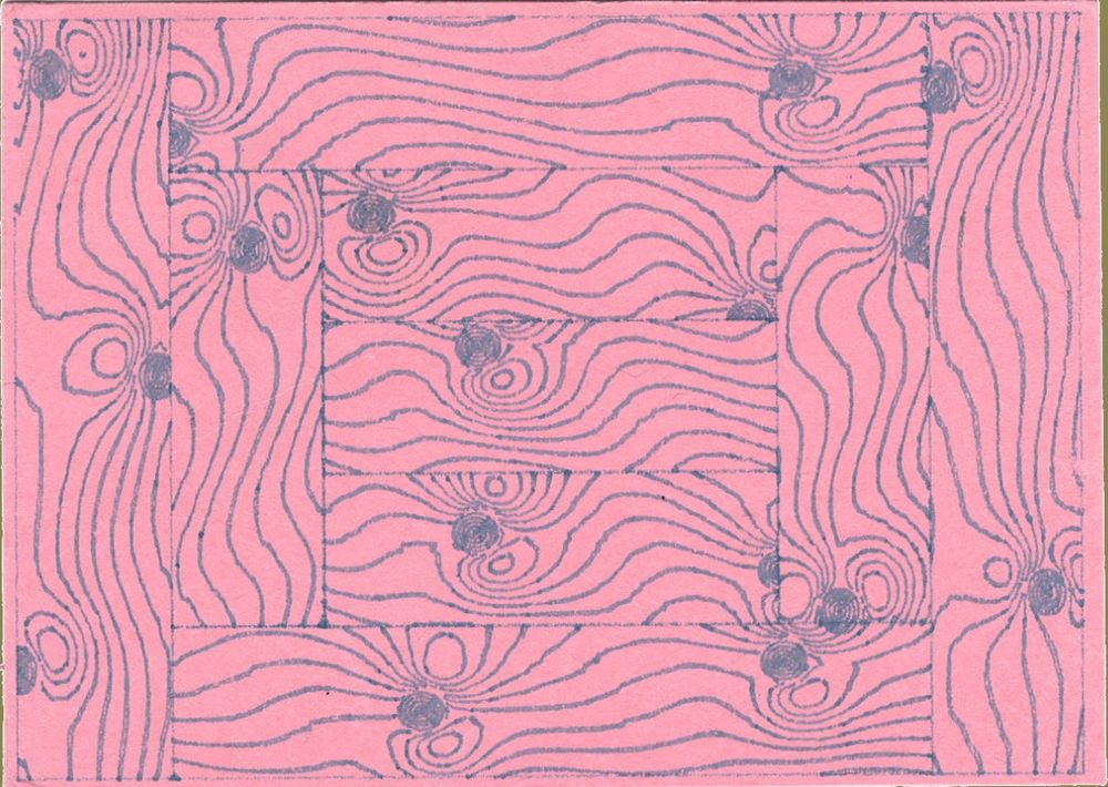 A plotter art postcard of blue-silver lines on pink paper.  The postcard is divided into an arrangement of rectangles, which contain contour-like lines resembling the grain of wood, containing knots.  By Brendan Howell.