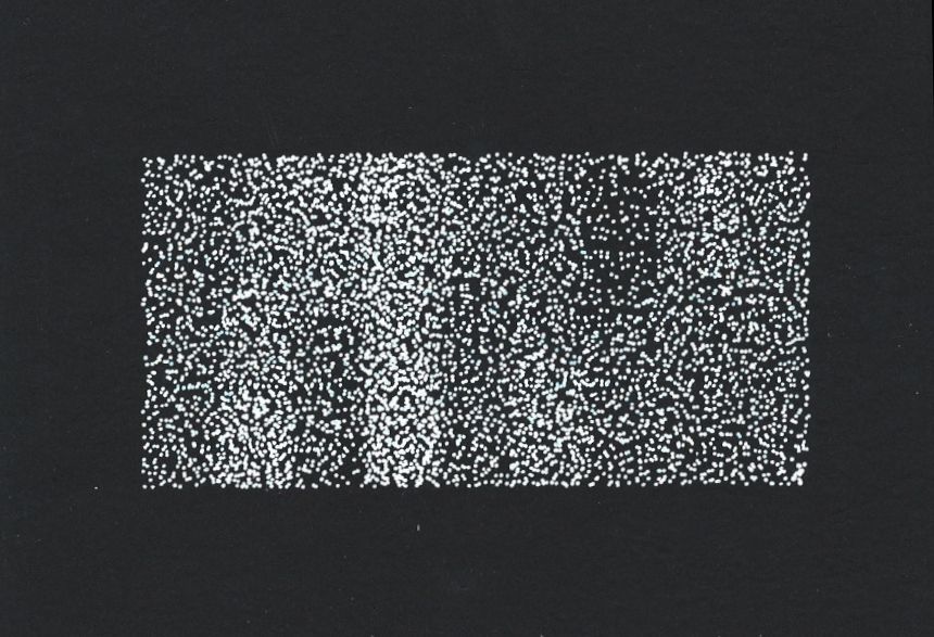 A plotter art postcard in white ink on black paper.  There is an inner rectangle of white dots on the black background of the paper.  The dots are distributed fairly randomly, but vertical lines are visible where they are drawn from different distributions.