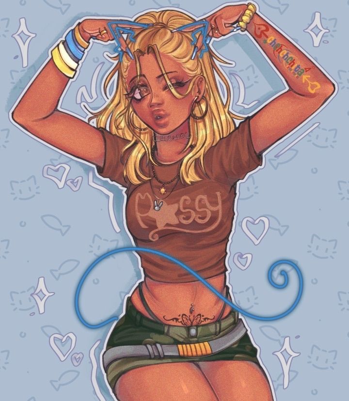 Drawing of dig1j4y's (on insta) oc

Usagi has brown skin with blonde hair, and brown eyes. She's wearing a brown shirt with P☆ssy written on it. She has a womb tattoo, that has butterfly theme to it. And camo skirt with a silver and gold belt. She's sitting pose, with her arms up, hands making peace signs pointed down on her head to make cat ears. I've drawn over the hands to make it more apparent they're cat ears and gave her a tail as well. Expression winking, while blowing a kiss~~