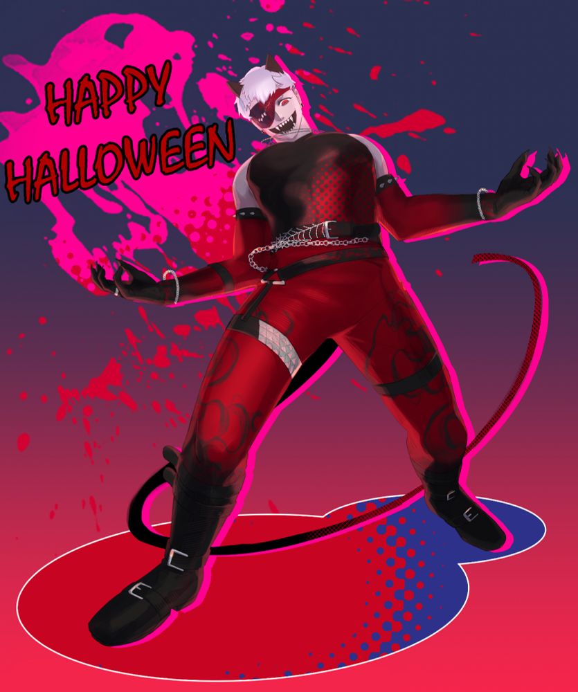 オリジナルキャラクター「モロク」がハロウィンで黒猫イメージのパンクファッションコスプレをしている絵