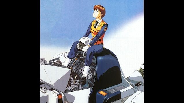 Noa Izumi, the main character from the anime Patlabor, sits posed atop the open cockpit of her robot police car.