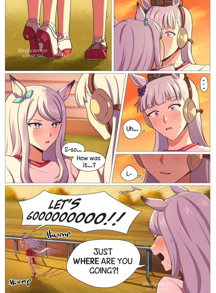 Comic about Mejiro McQueen x Gold Ship. McQueen just kissed her, and Gold Ship breaks into a sprint as celebration.