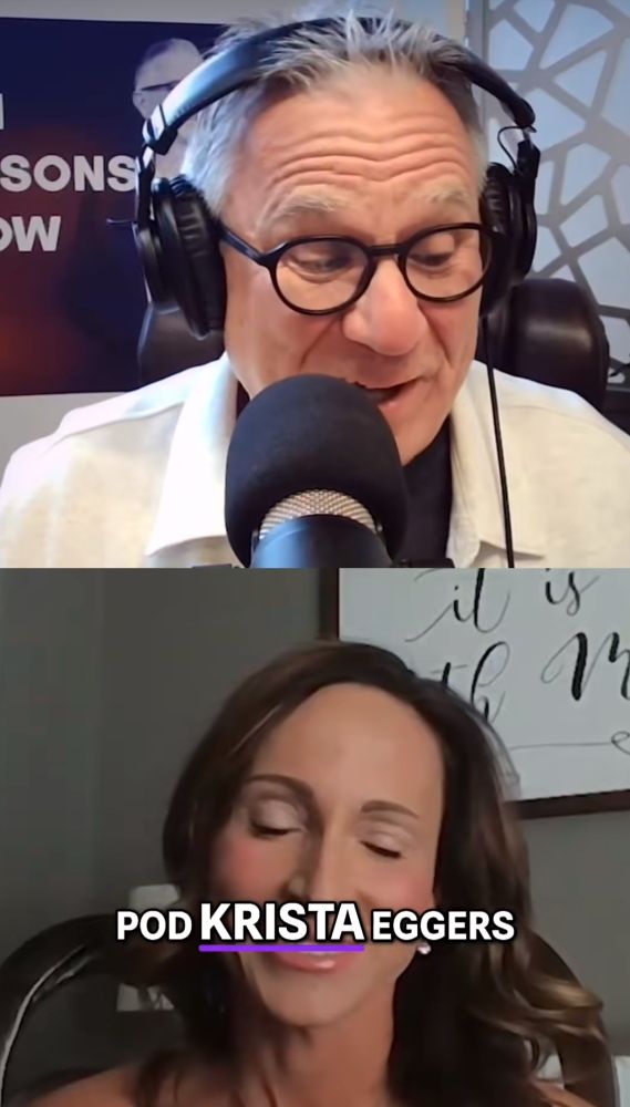 Split screen on the top half is a man wearing headphones and glasses in front of a microphone on the bottom half a woman with brown hair and the words pod Krista Eggers 