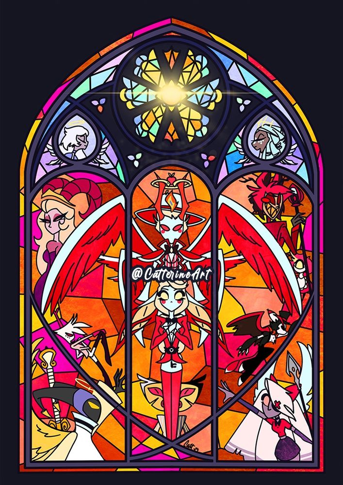 Stained glass with the main characters in Hazbin Hotel series