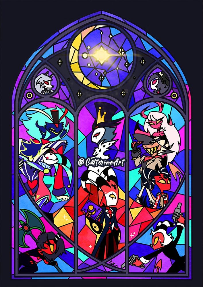 Stained glass with the main characters in Helluva Boss series