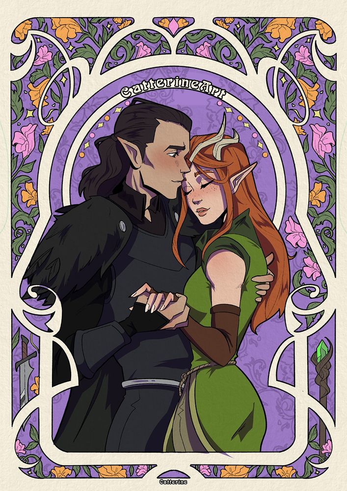 Vax'ildan on the left and Keyleth on the right, from The Legend of Vox Machina, hugging each other and holding one hand, similar to being dancing