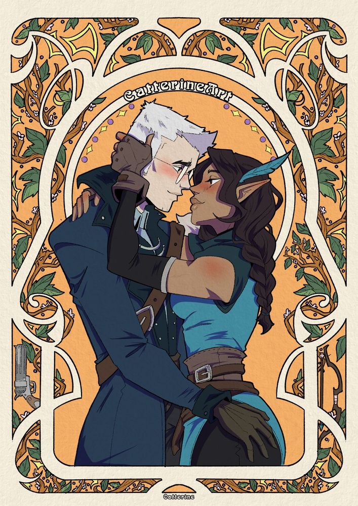 Percival de Rolo on the left and Vex'halia on the right from The Legend of Vox Machina, looking at each other